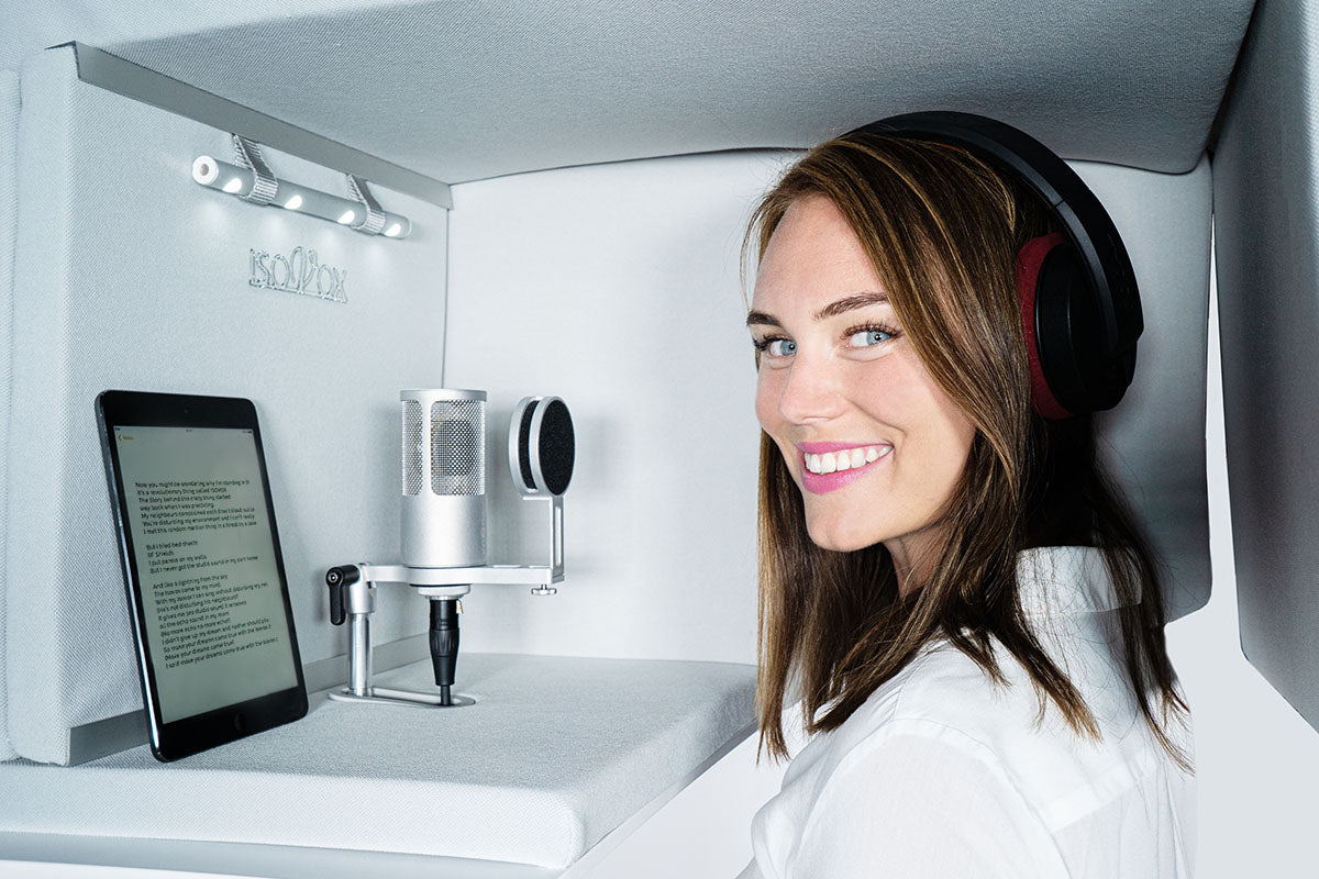 Girl standing inside a Portable Vocal Booth Isovox 2 White Recording Vocals